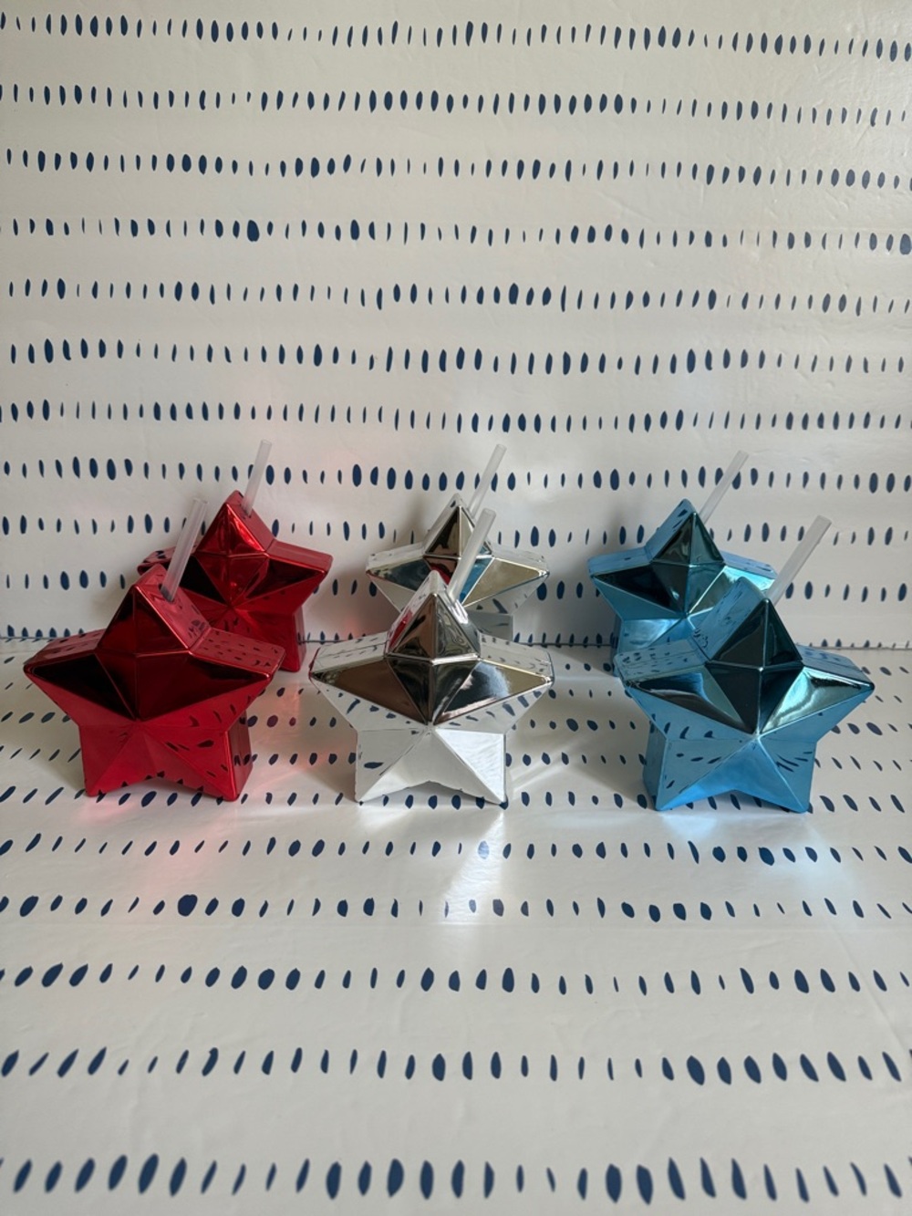 Set of 6 Fourth 4th of July Shiny Star Cup Set - Red, Silver, Blue